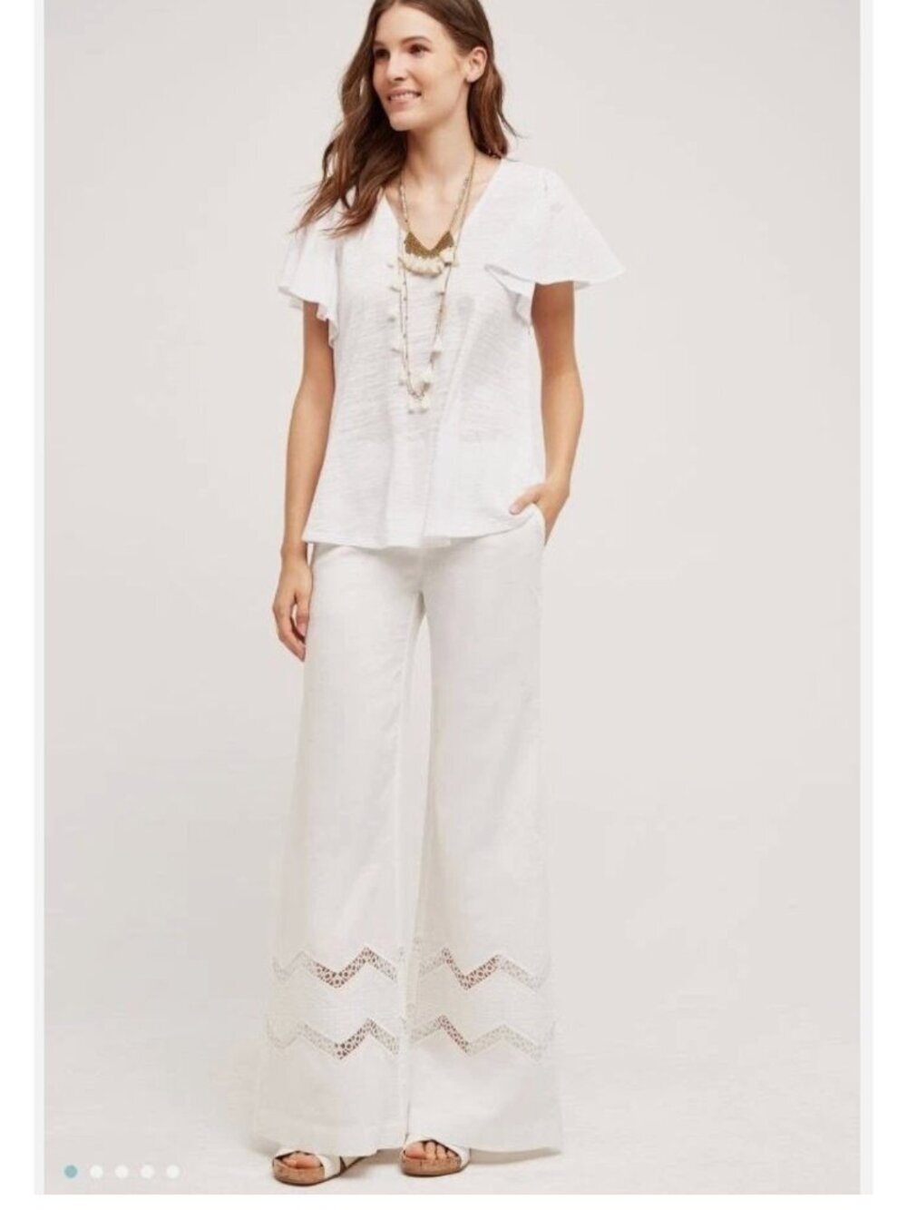 ANTHROPOLOGIE OPENWORK WIDE-LEG WHITE TROUSERS W Crochet Detail 12 - Picture 3 of 10
